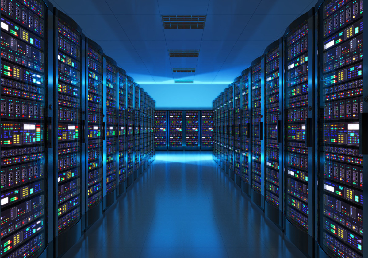 A long row of servers lined up in a modern data center, showcasing organized technology infrastructure.