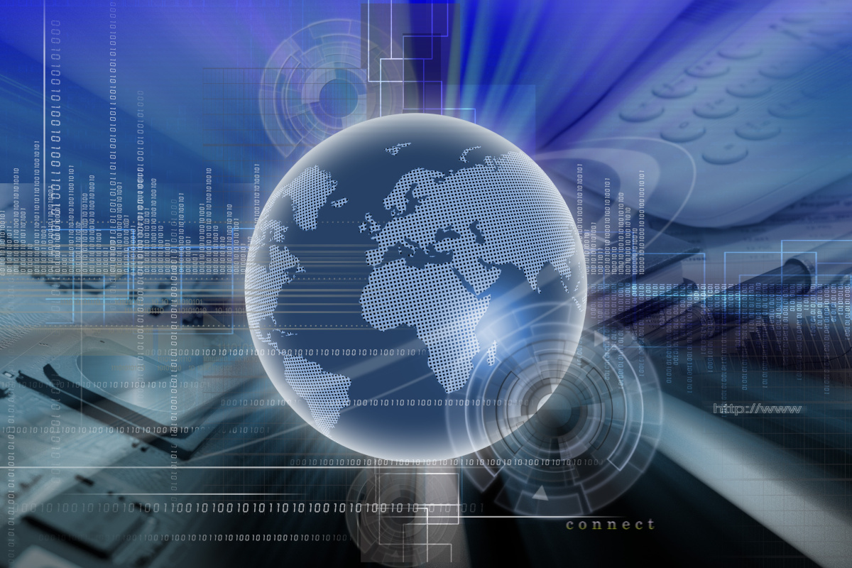  A globe surrounded by a laptop, smartphone, and other technology, symbolizing global connectivity and digital innovation.
