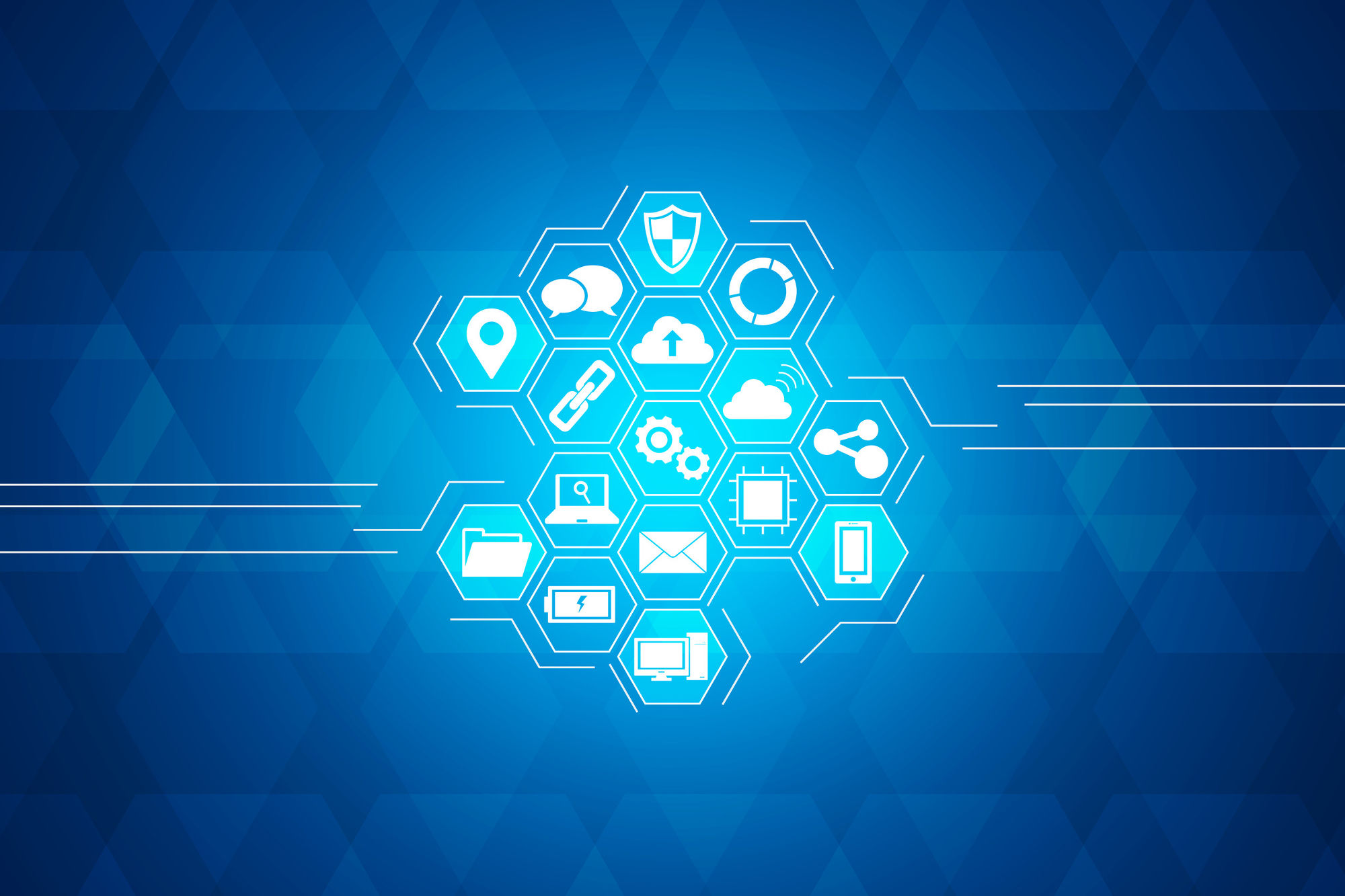 Technology icons in a hexagonal array in blue